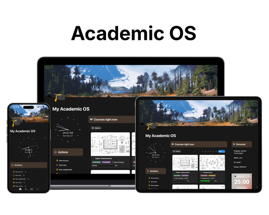 Academic OS template displayed on multiple devices with a scenic background.