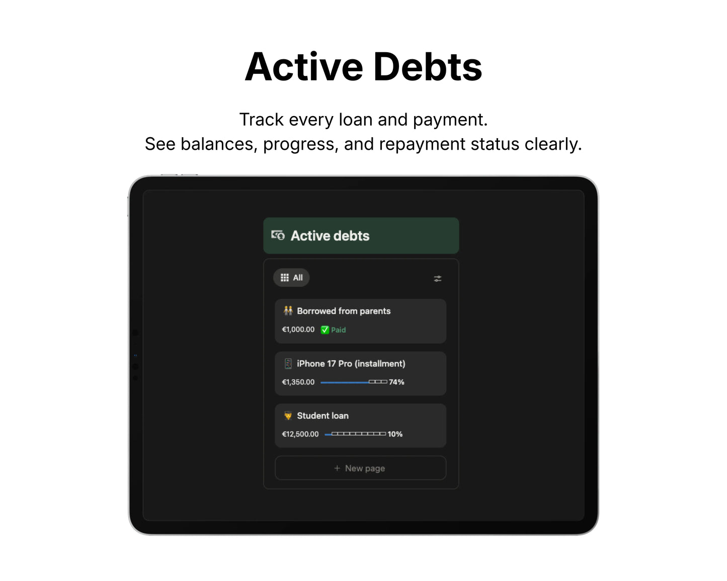 Screen displaying 'Active Debts' with loan and payment information on a tablet.