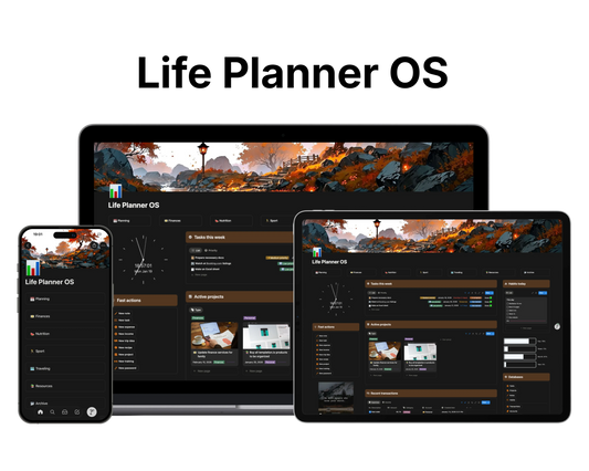 Life Planner OS template displayed on multiple devices with a scenic background.