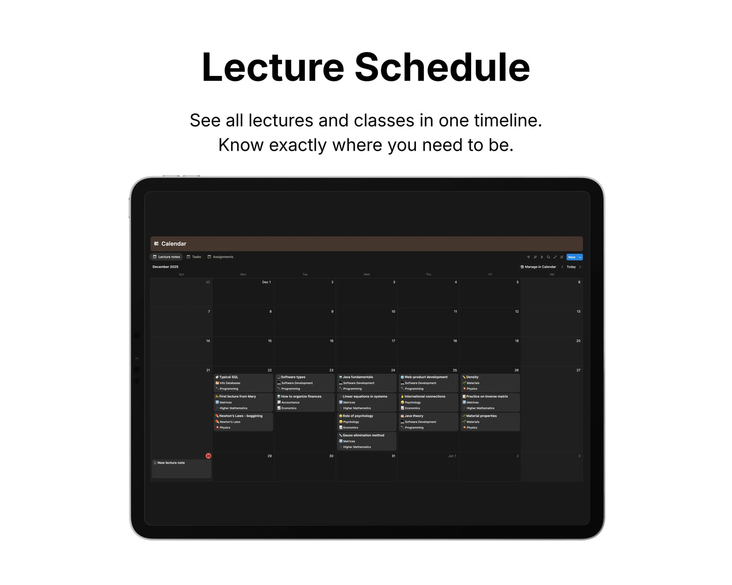 Digital tablet displaying a lecture schedule on a white background