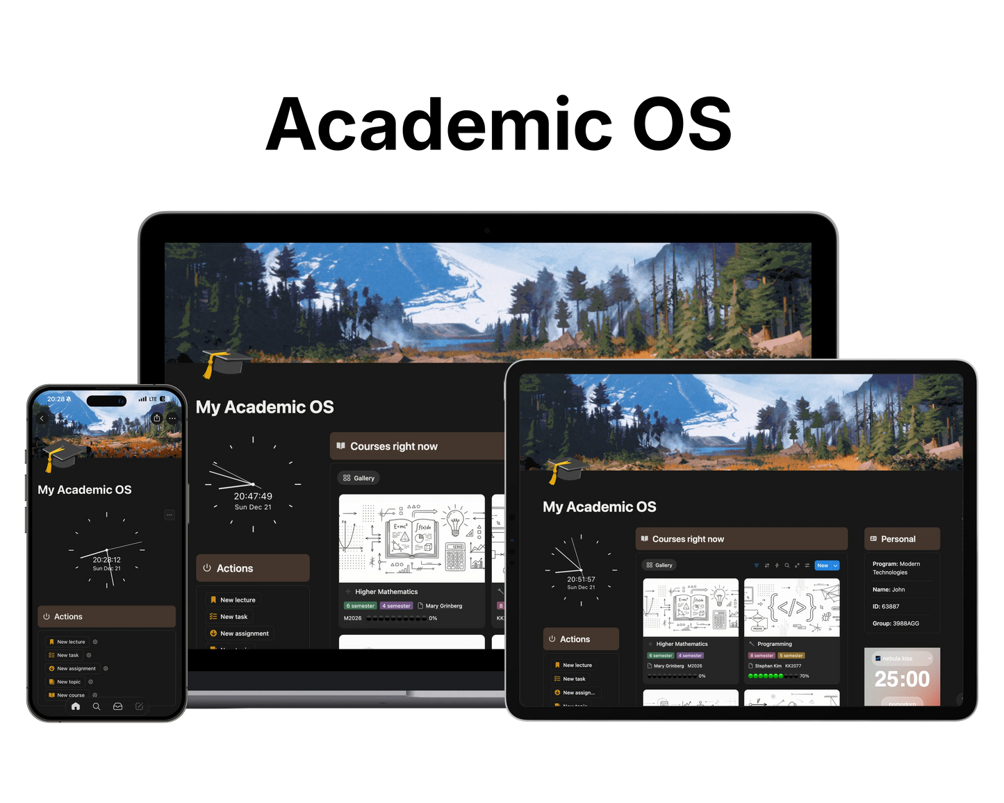Academic OS template displayed on multiple devices with a scenic background.