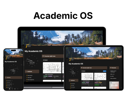 Academic OS template displayed on multiple devices with a scenic background.