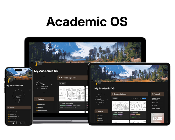 Academic OS template displayed on multiple devices with a scenic background.