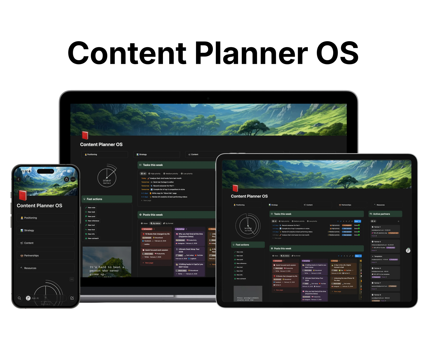 Content Planner OS interface displayed on a laptop, tablet, and smartphone.