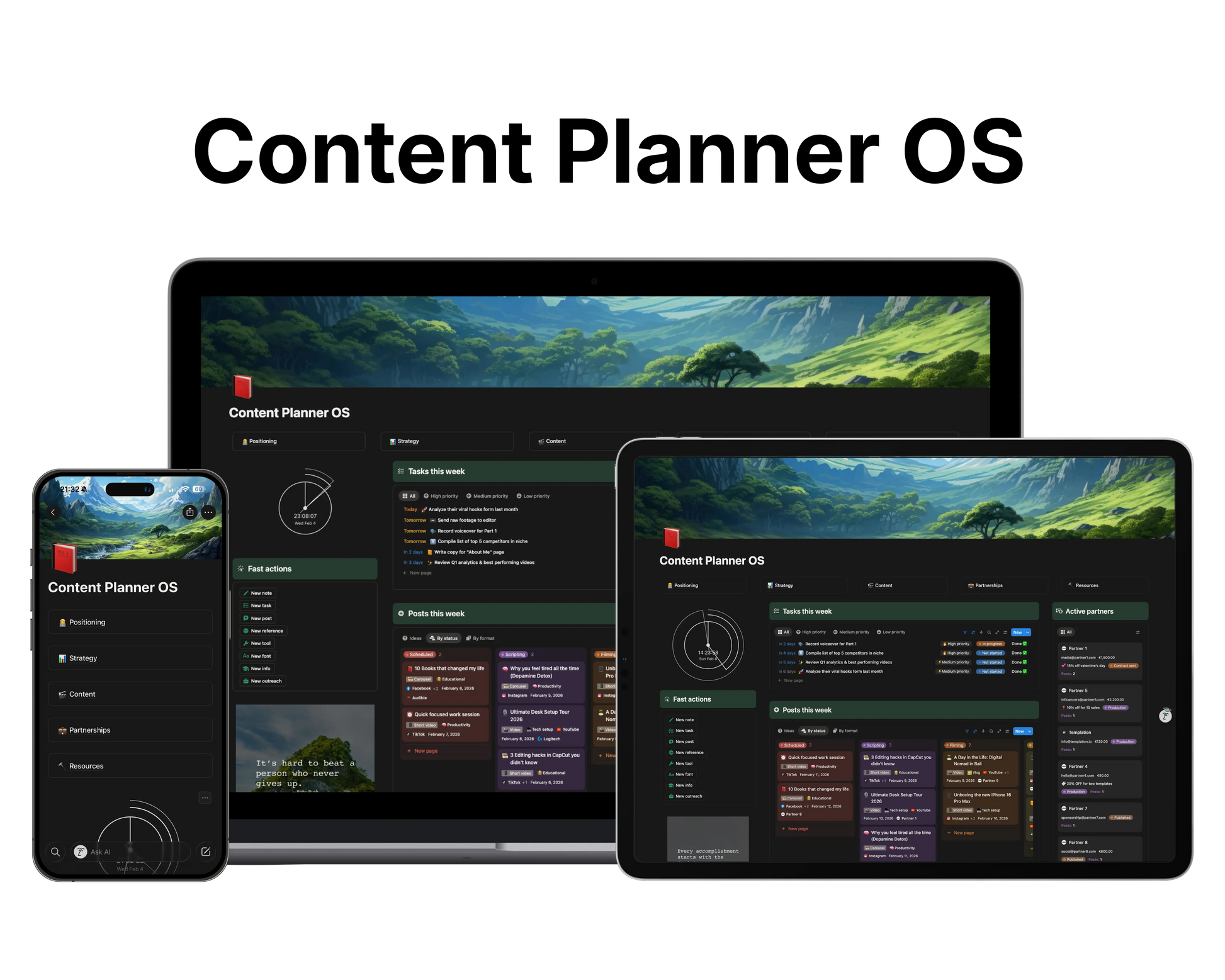 Content Planner OS interface displayed on a laptop, tablet, and smartphone.
