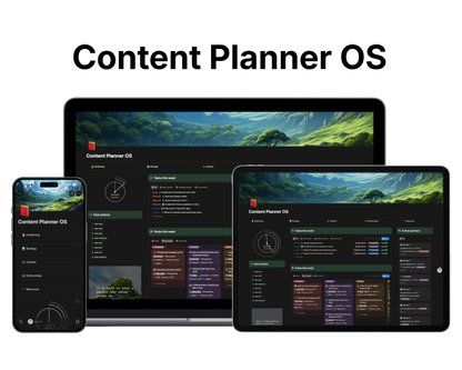 Content Planner OS interface displayed on a laptop, tablet, and smartphone.