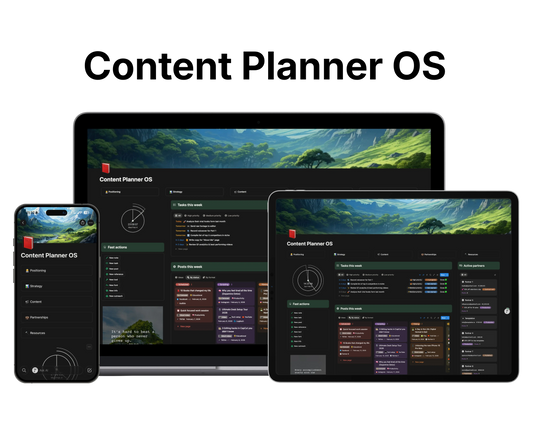 Content Planner OS interface displayed on a laptop, tablet, and smartphone.