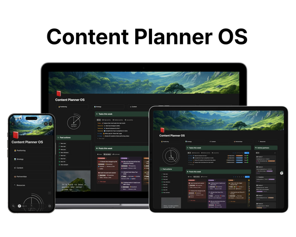Content Planner OS interface displayed on a laptop, tablet, and smartphone.