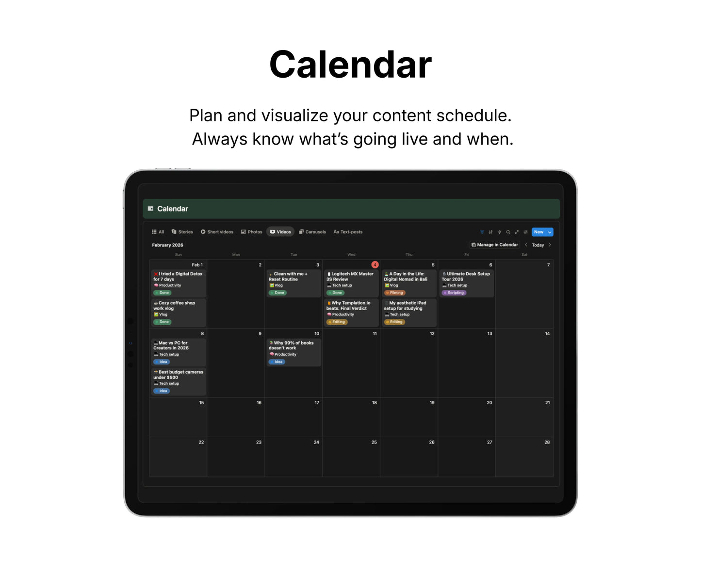 Calendar application interface on a tablet screen with a black background.