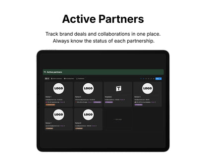 Tablet displaying a partnership management app with logos on a white background