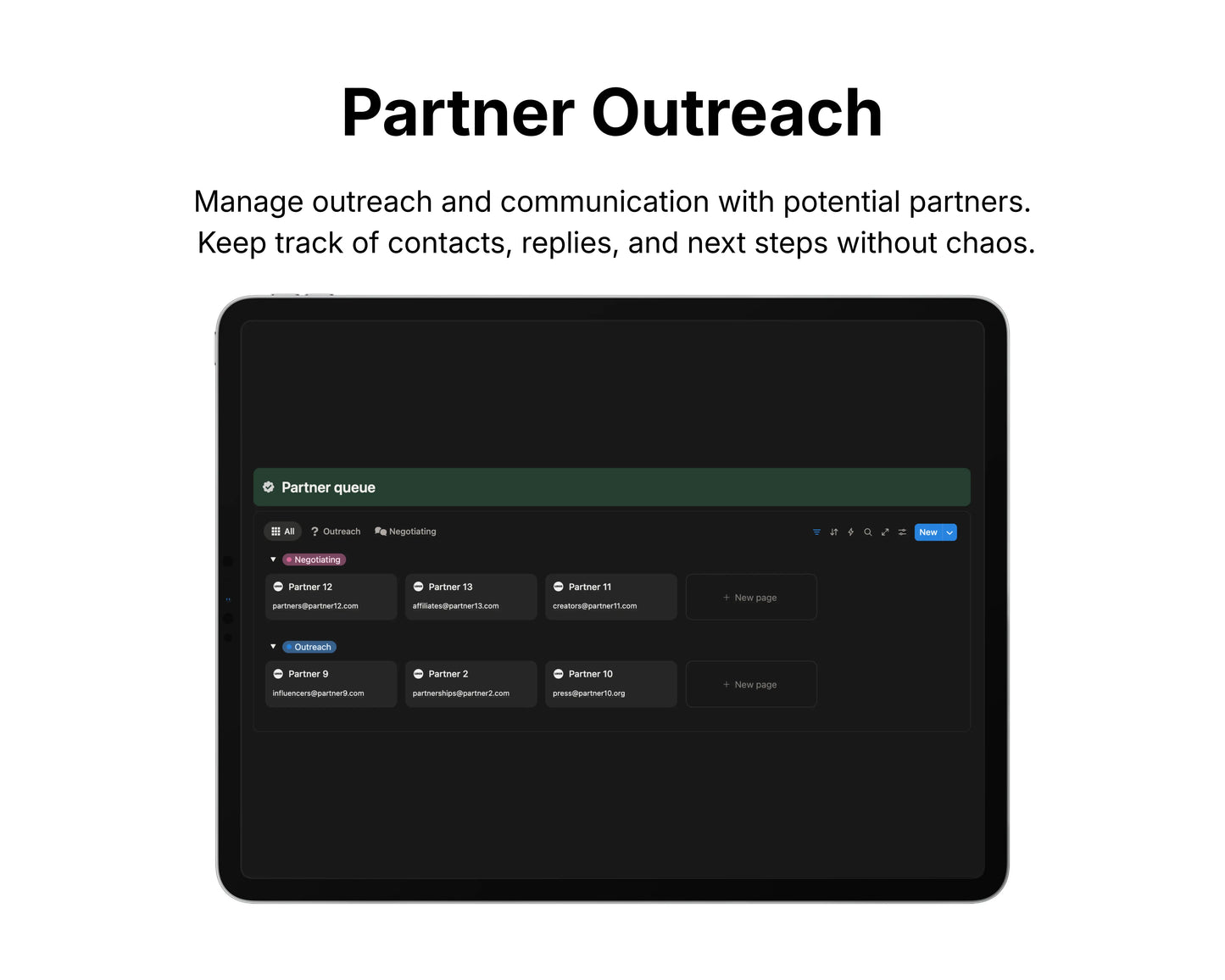 Screen displaying a partner outreach management system with a dark interface.