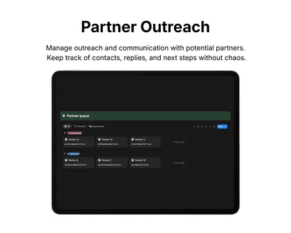Screen displaying a partner outreach management system with a dark interface.