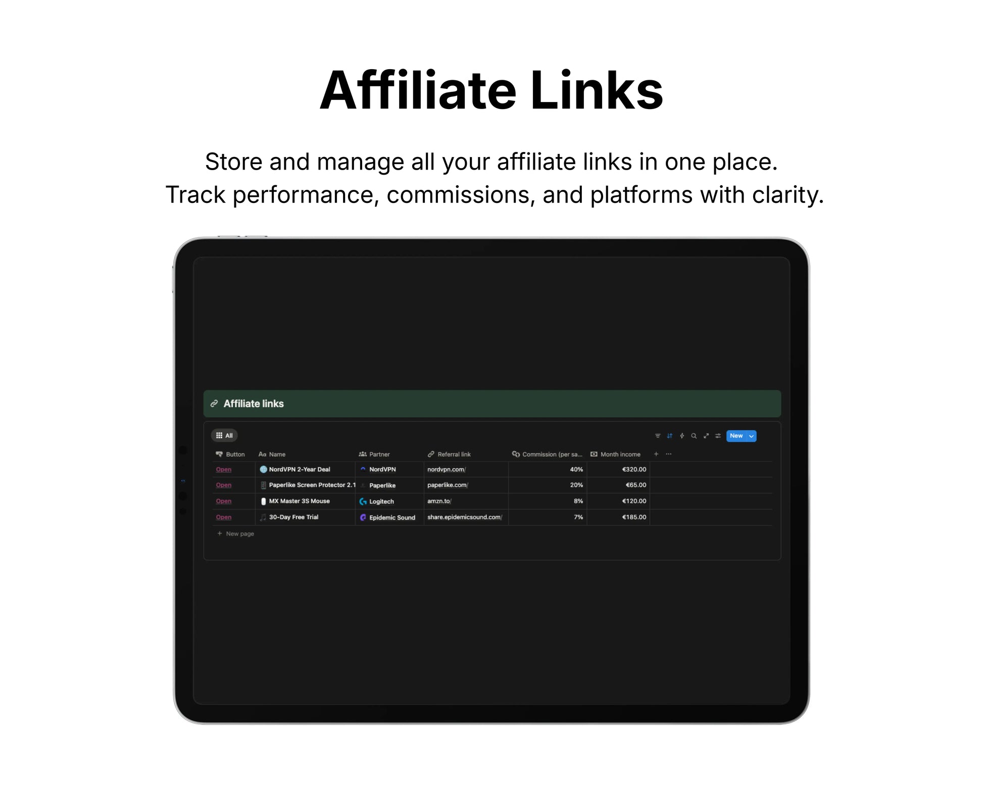 Screen displaying affiliate links management system with a black background and white text.