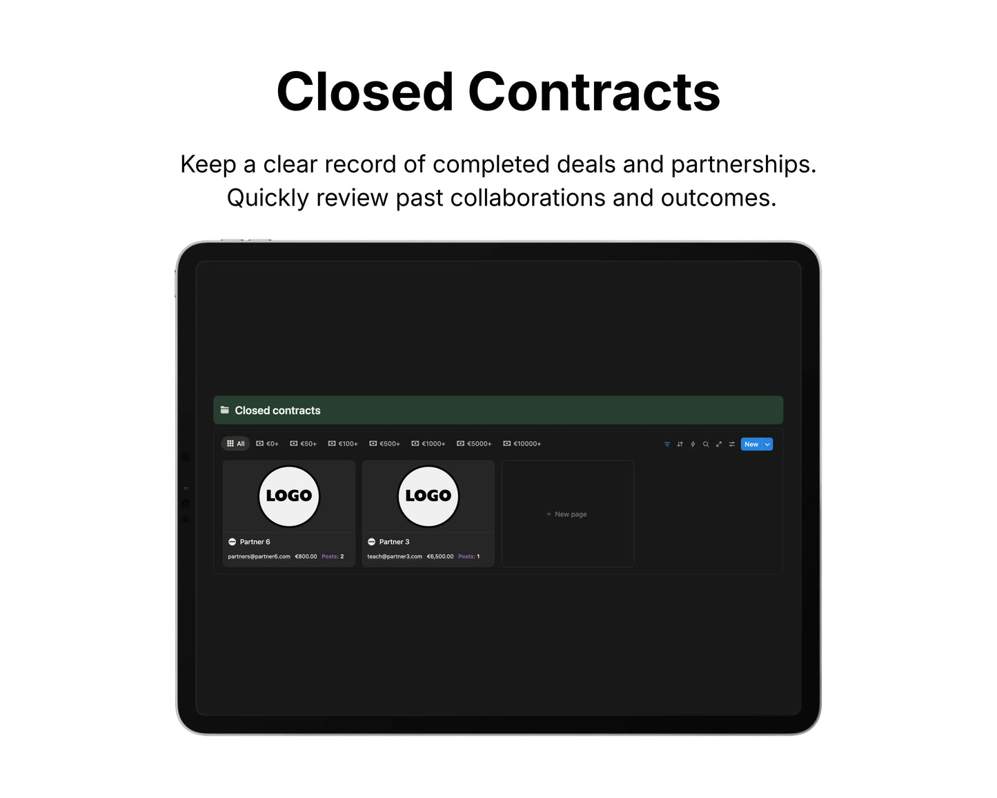 Screen displaying a dashboard for closed contracts with logos on a black background
