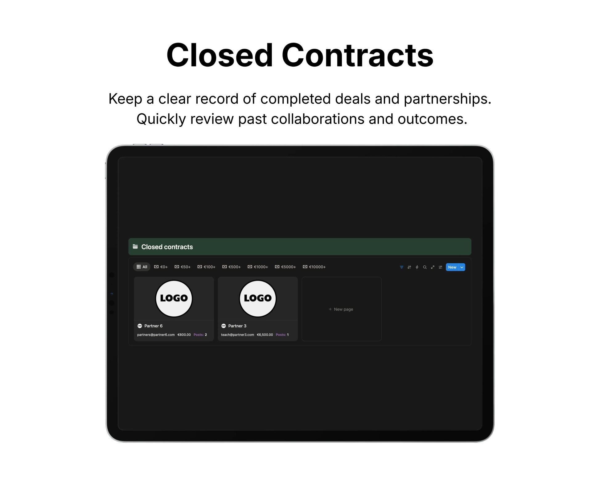 Screen displaying a dashboard for closed contracts with logos on a black background