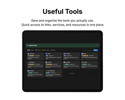 Screen displaying a list of useful tools with a focus on organization and quick access.