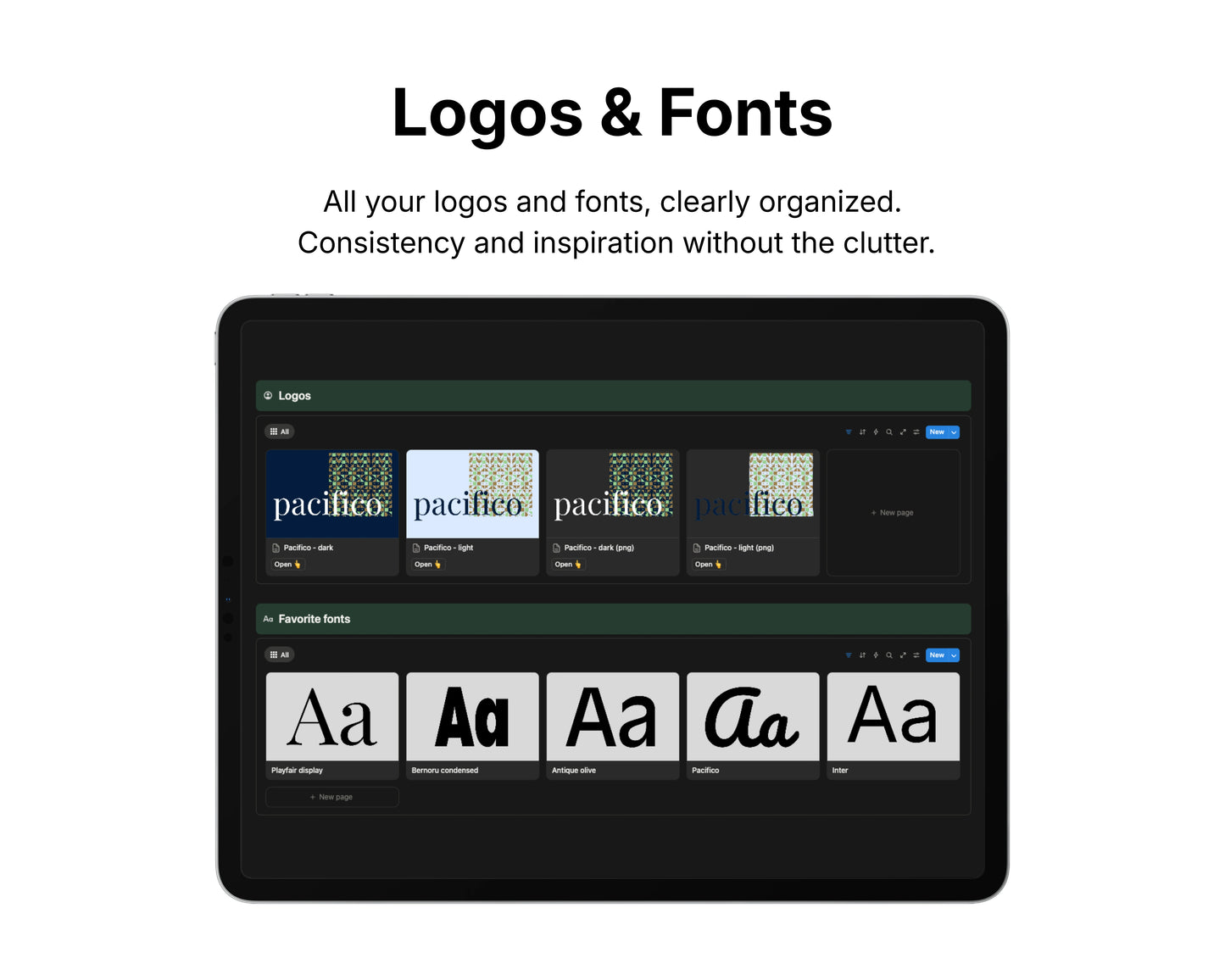 Screen displaying logos and fonts on a tablet with a black background
