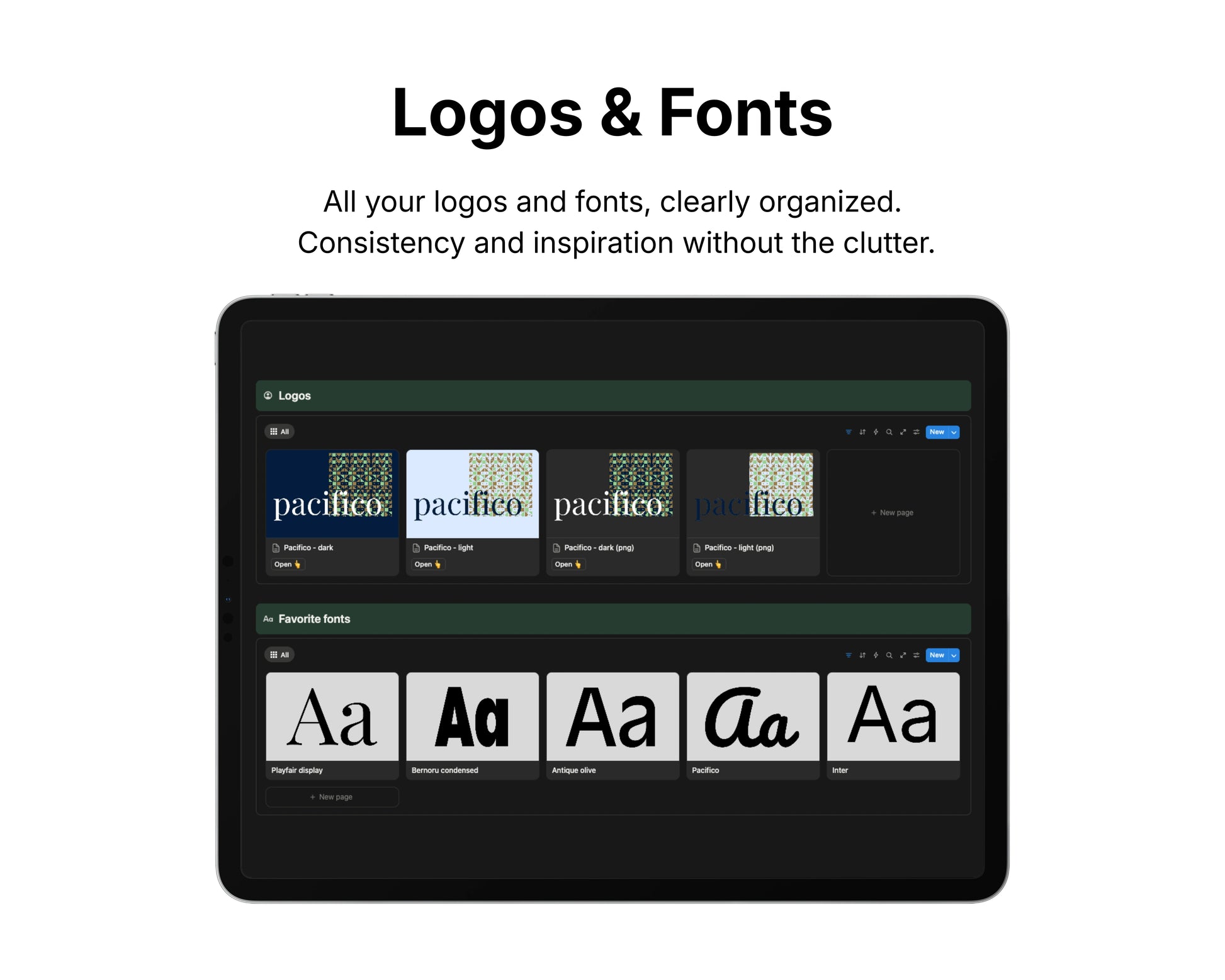 Screen displaying logos and fonts on a tablet with a black background