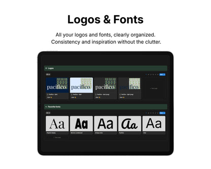 Screen displaying logos and fonts on a tablet with a black background