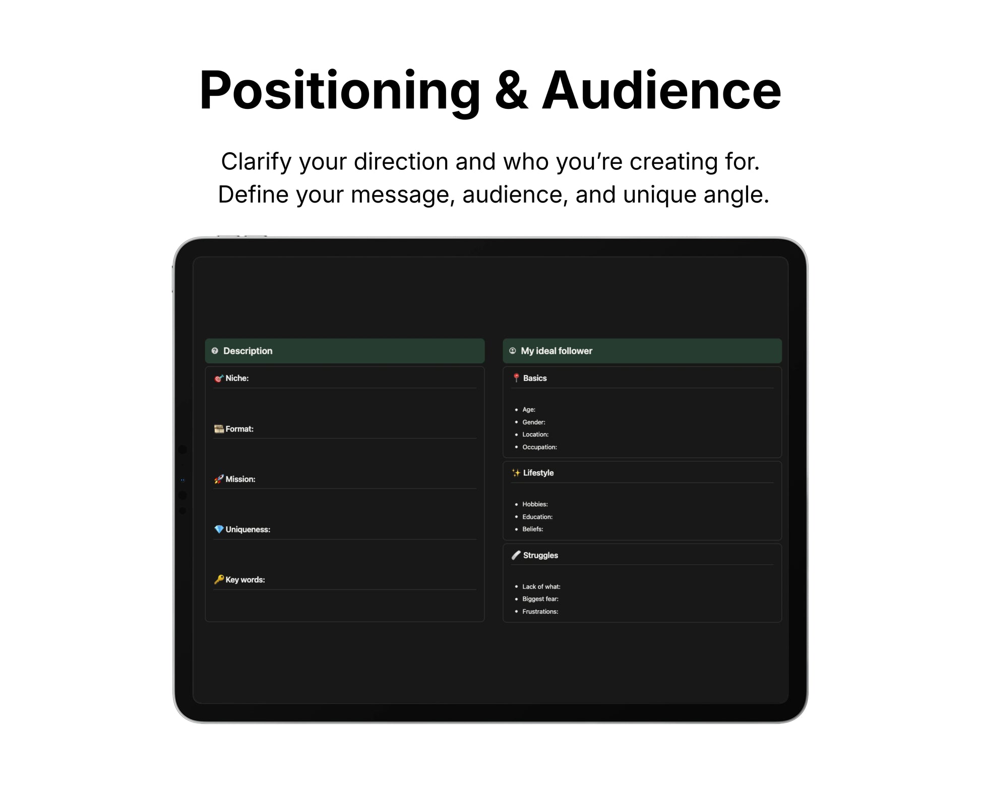 Screen displaying a content creation tool with fields for description, target audience, and other details.