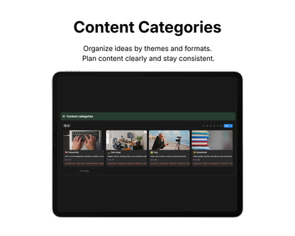 Tablet displaying content categories with images and text on a white background