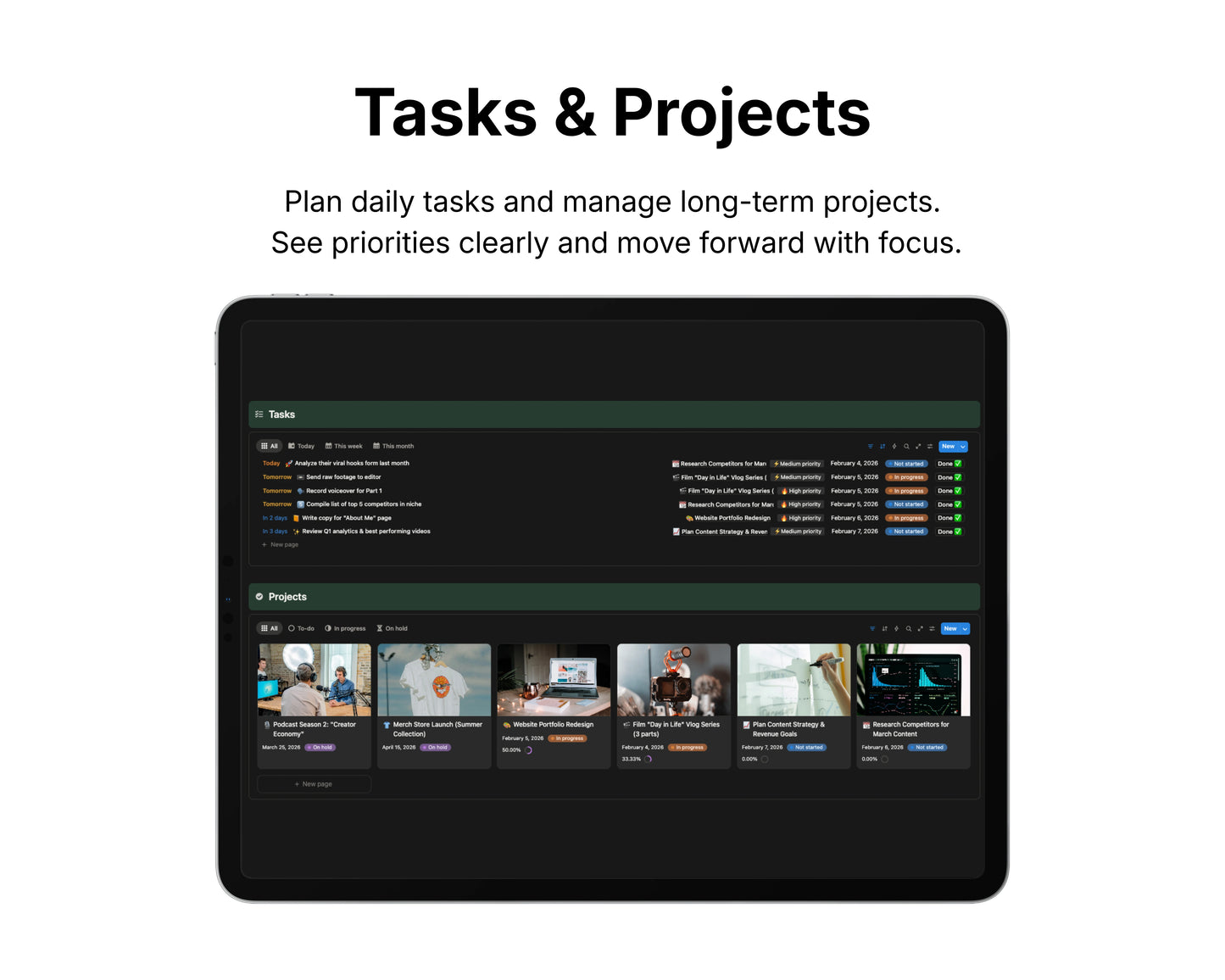 Digital interface for managing tasks and projects on a tablet screen.
