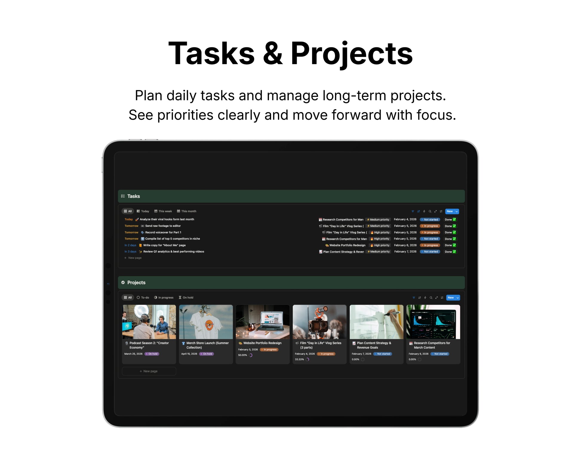 Digital interface for managing tasks and projects on a tablet screen.