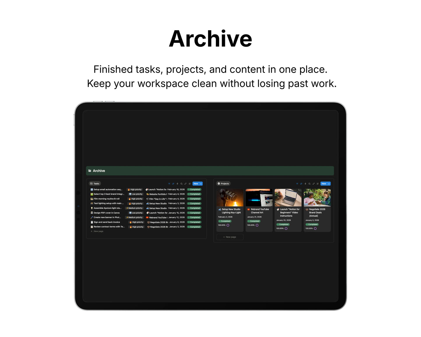 Digital interface showing an 'Archive' feature with task and project management on a tablet screen.