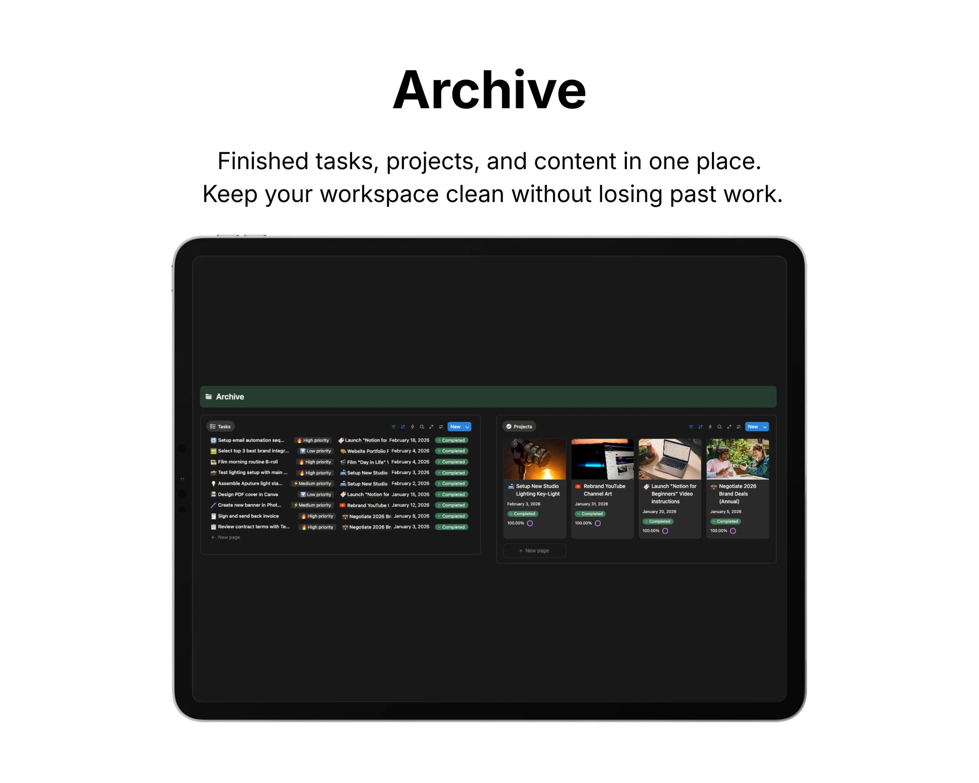 Digital interface showing an 'Archive' feature with task and project management on a tablet screen.