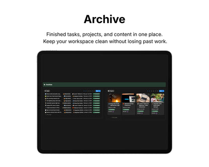 Digital interface showing an 'Archive' feature with task and project management on a tablet screen.