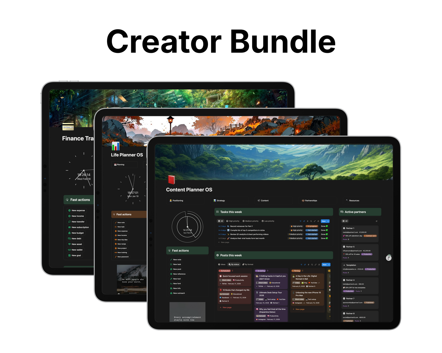 Three tablets displaying different apps with 'Creator Bundle' text above.