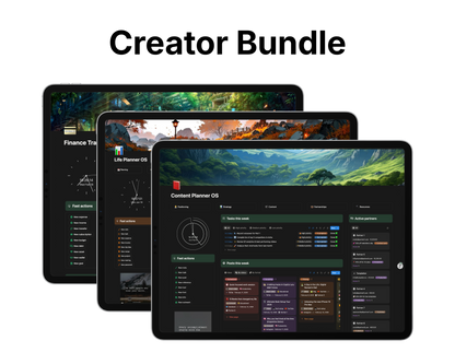 Three tablets displaying different apps with 'Creator Bundle' text above.