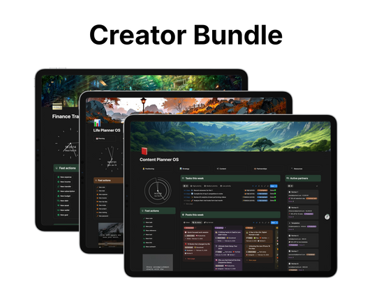 Three tablets displaying different apps with 'Creator Bundle' text above.