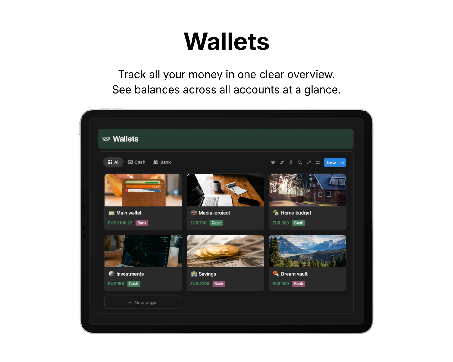 Screen of a digital wallet app on a tablet with various categories displayed.