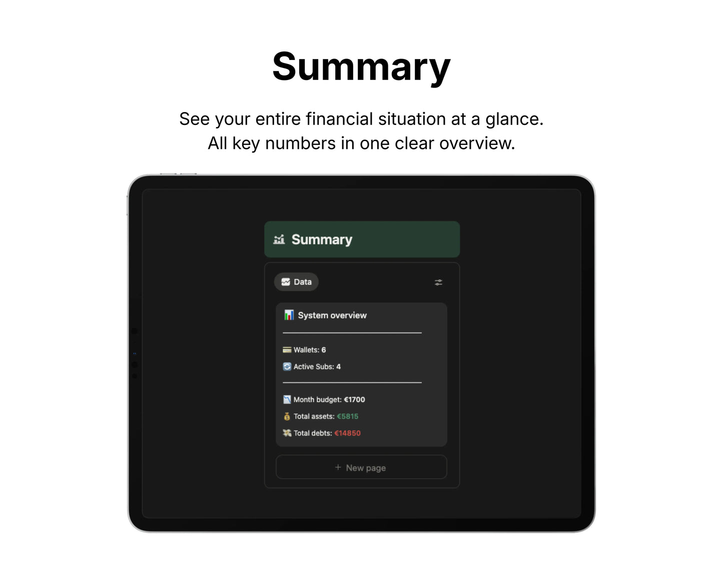 Digital display of a financial summary on a tablet with a black background.