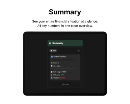 Digital display of a financial summary on a tablet with a black background.