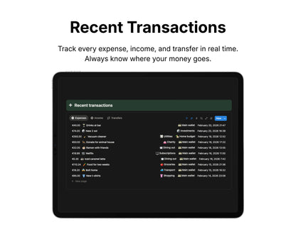 Screen displaying recent transactions on a tablet with a dark theme.