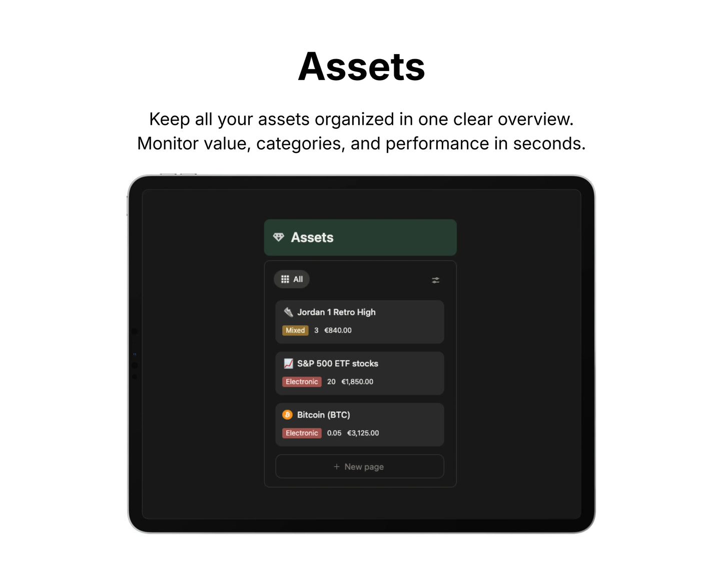 Screen displaying asset management interface with categories and values on a black background