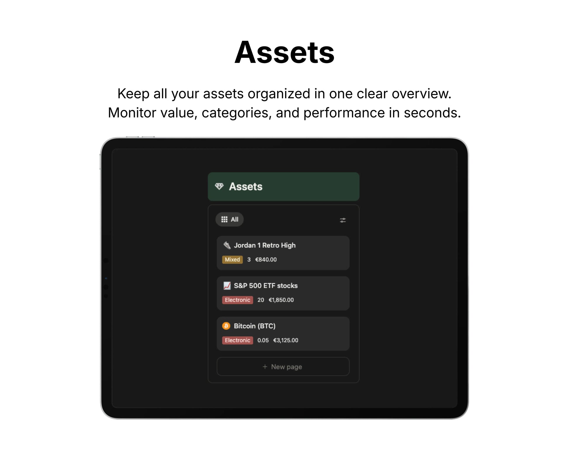 Screen displaying asset management interface with categories and values on a black background