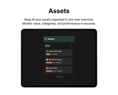 Screen displaying asset management interface with categories and values on a black background