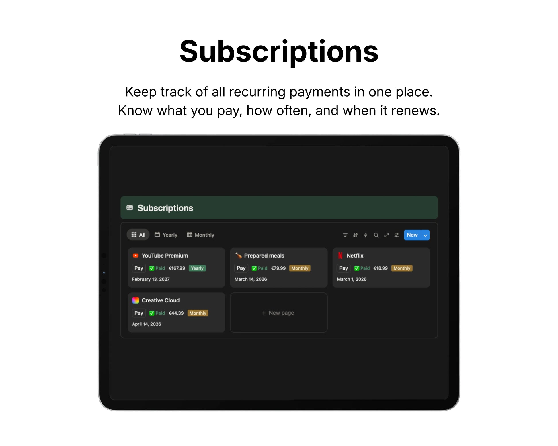 Screen displaying a subscriptions management app on a tablet with a black background.
