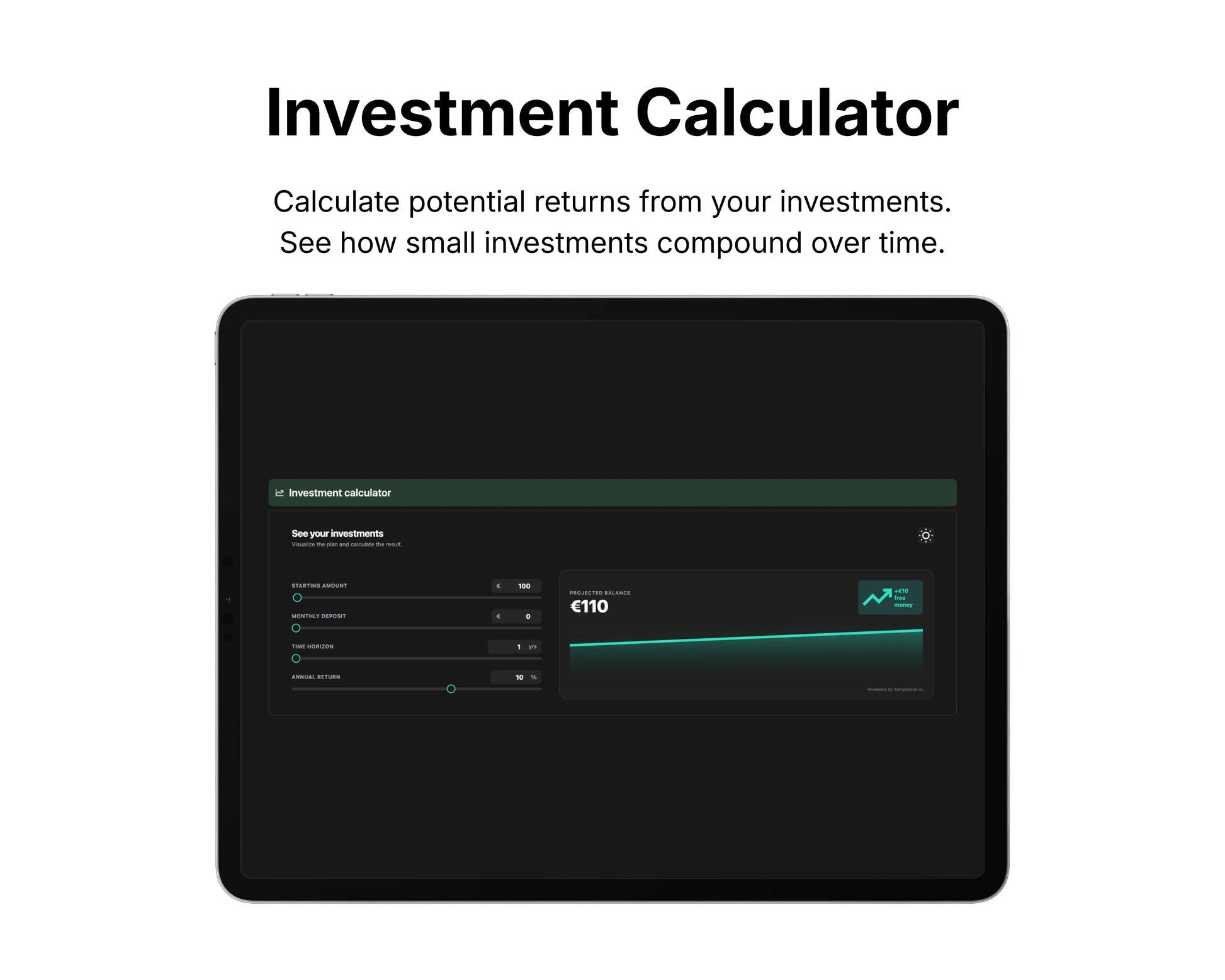 Investment calculator interface on a tablet screen with text about calculating potential returns from investments.