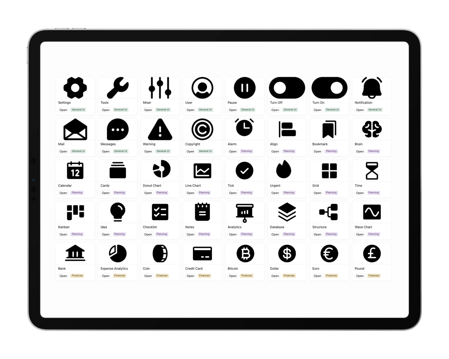 A collection of icons displayed on a tablet screen.