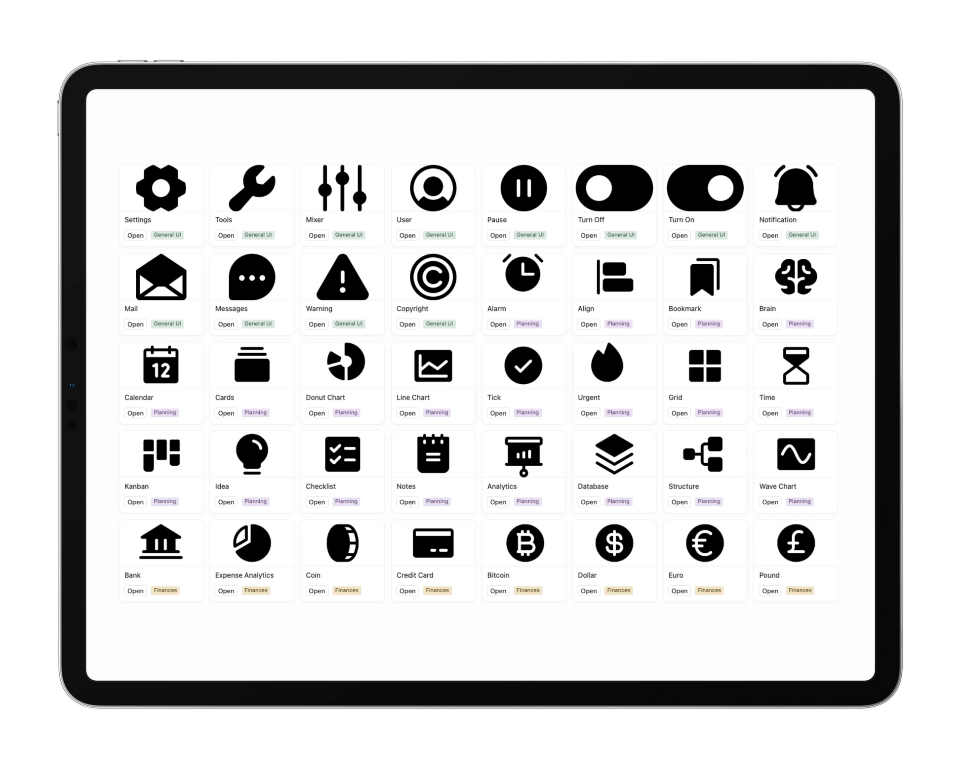 A collection of icons displayed on a tablet screen.