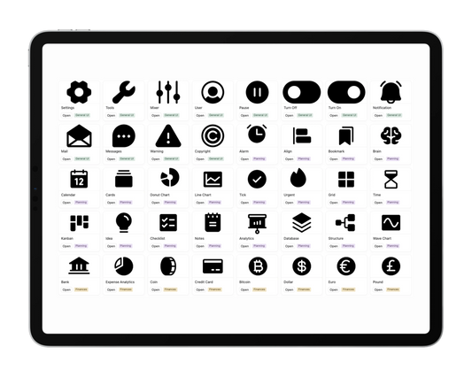 A collection of icons displayed on a tablet screen.