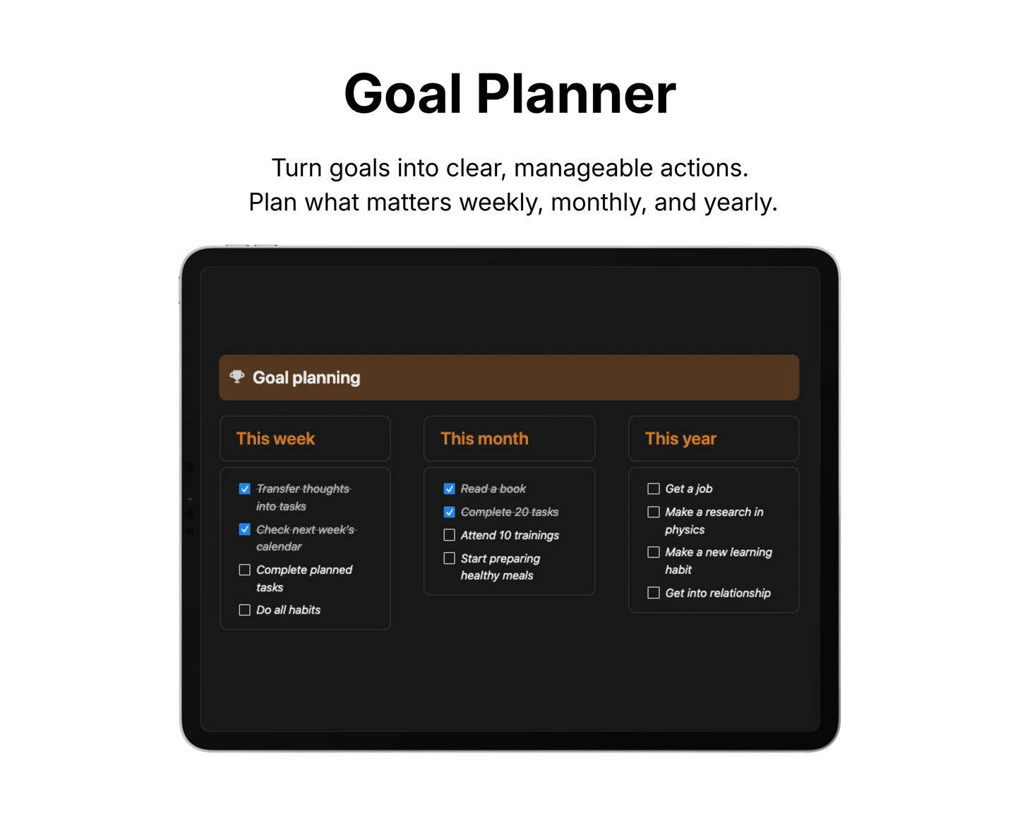 Goal planner app interface on a tablet screen with a black background.