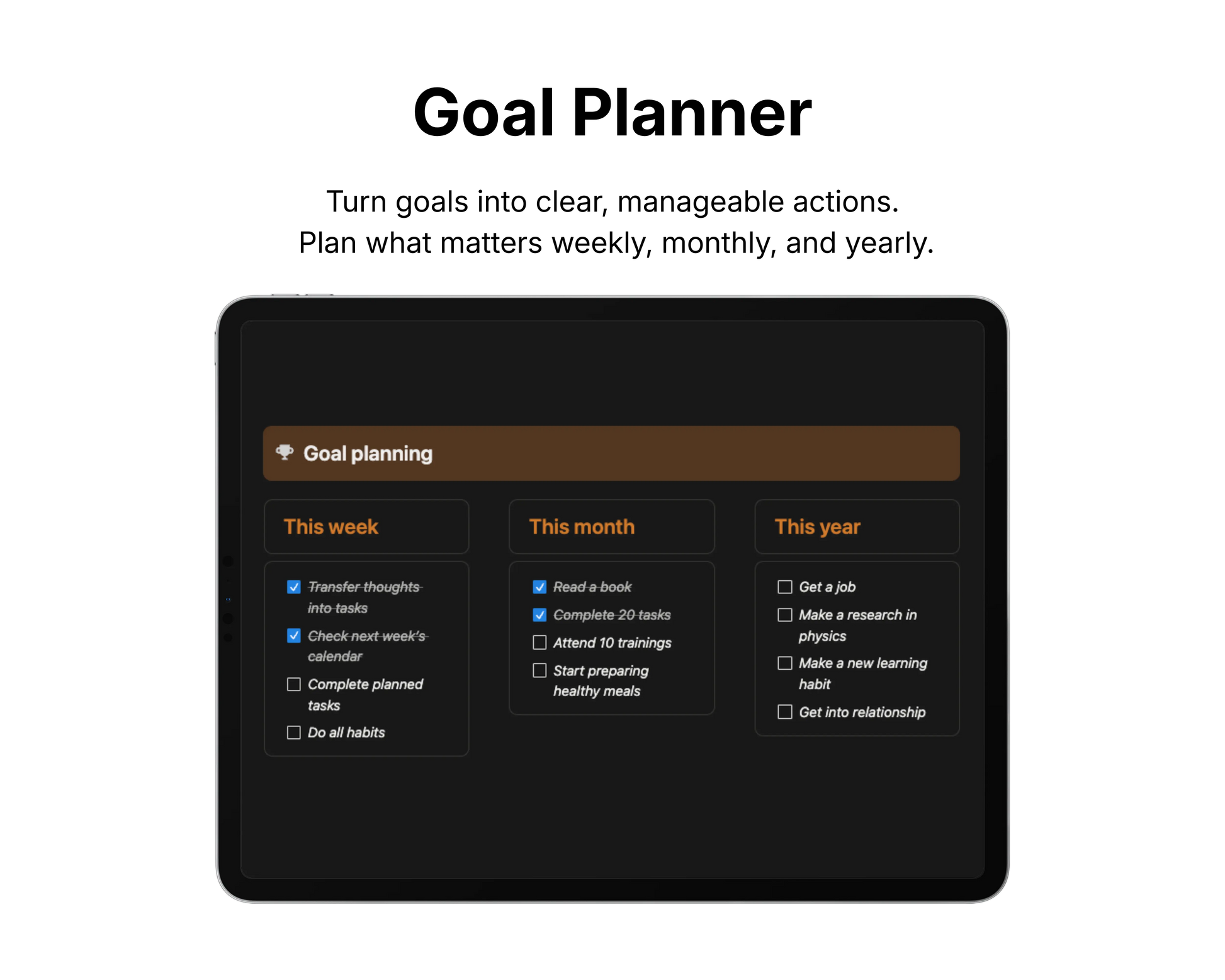 Goal planner app interface on a tablet screen with a black background.