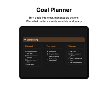 Goal planner app interface on a tablet screen with a black background.