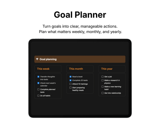 Goal planner app interface on a tablet screen with a black background.