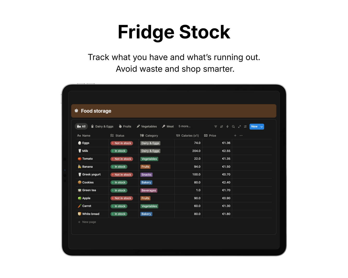 Digital interface for tracking fridge stock on a tablet screen.
